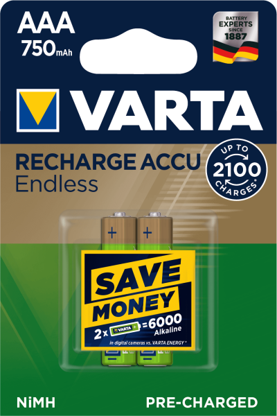 VARTA Recharge accu endless Oplaadbare AAA batterij 750mAh NiMH (2 blisterverpakking)