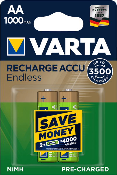 VARTA Recharge accu endless Oplaadbare AA batterij 1000mAh NiMH (2 blisterverpakking)