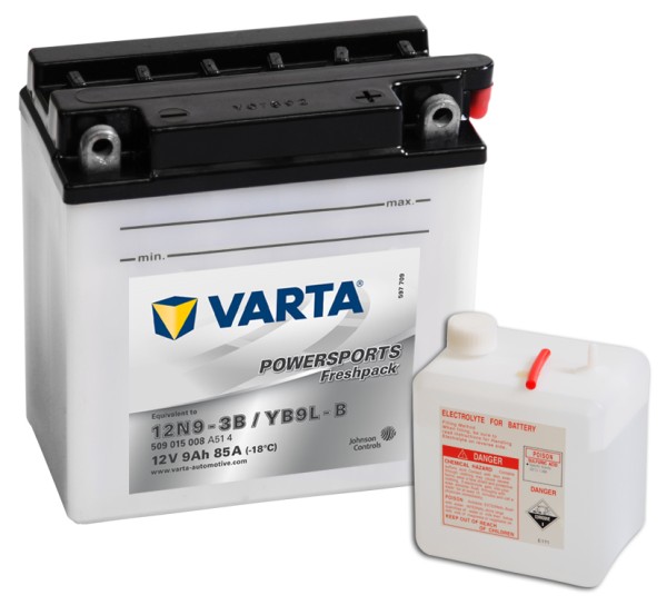 VARTA Powersports Freshpack 12N9-3B Motorcycle Battery YB9L-B 509015008 12V 9 Ah 85A